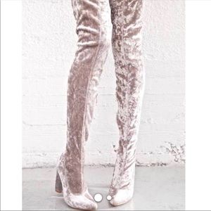 Silver crushed velvet over the knee boots
